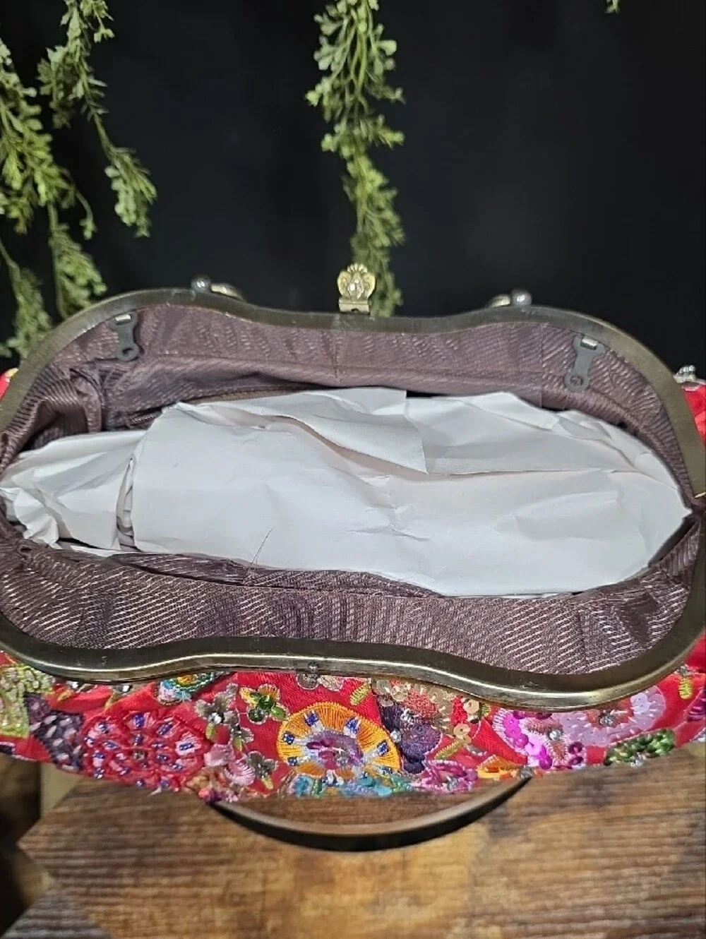 Embroidered Red Satin Floral Kiss-Lock Clutch
